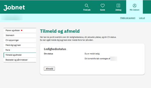 Screen shot af siden Tilmeld og afmeld