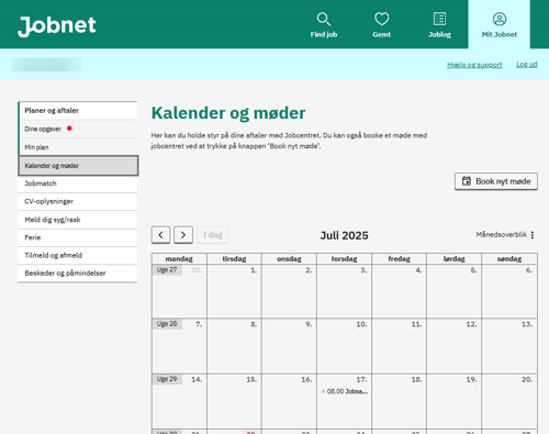 Screenshot af Kalender og møder på det nye Jobnet