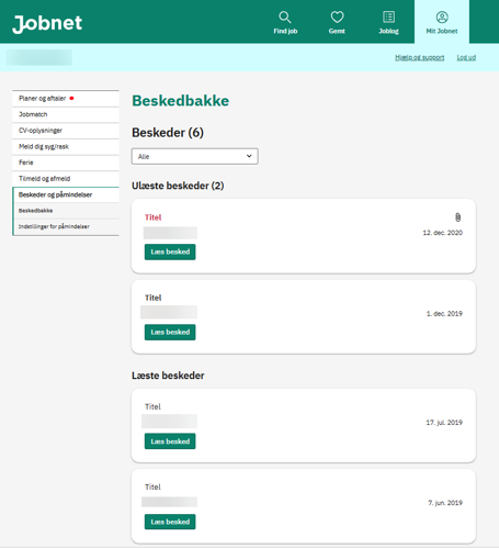 Screenshot af Beskedbakke på det nye Jobnet
