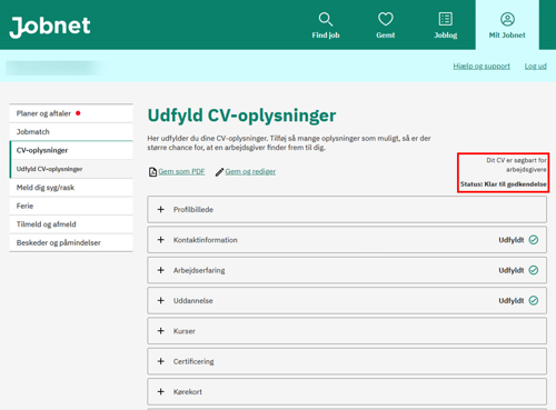 Screendump af CV-oplysninger på det nye Jobnet