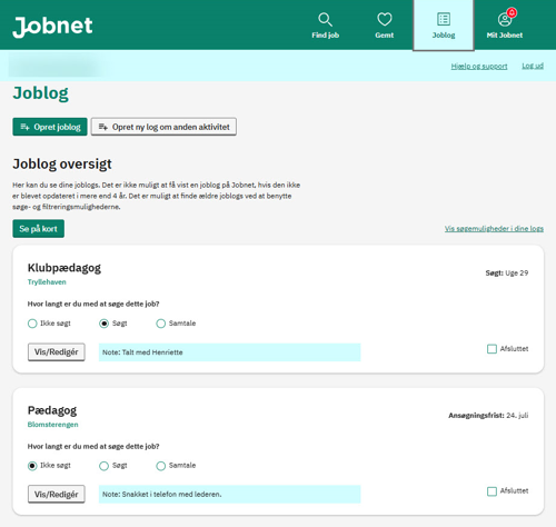 Screenshot af den nye Joblog